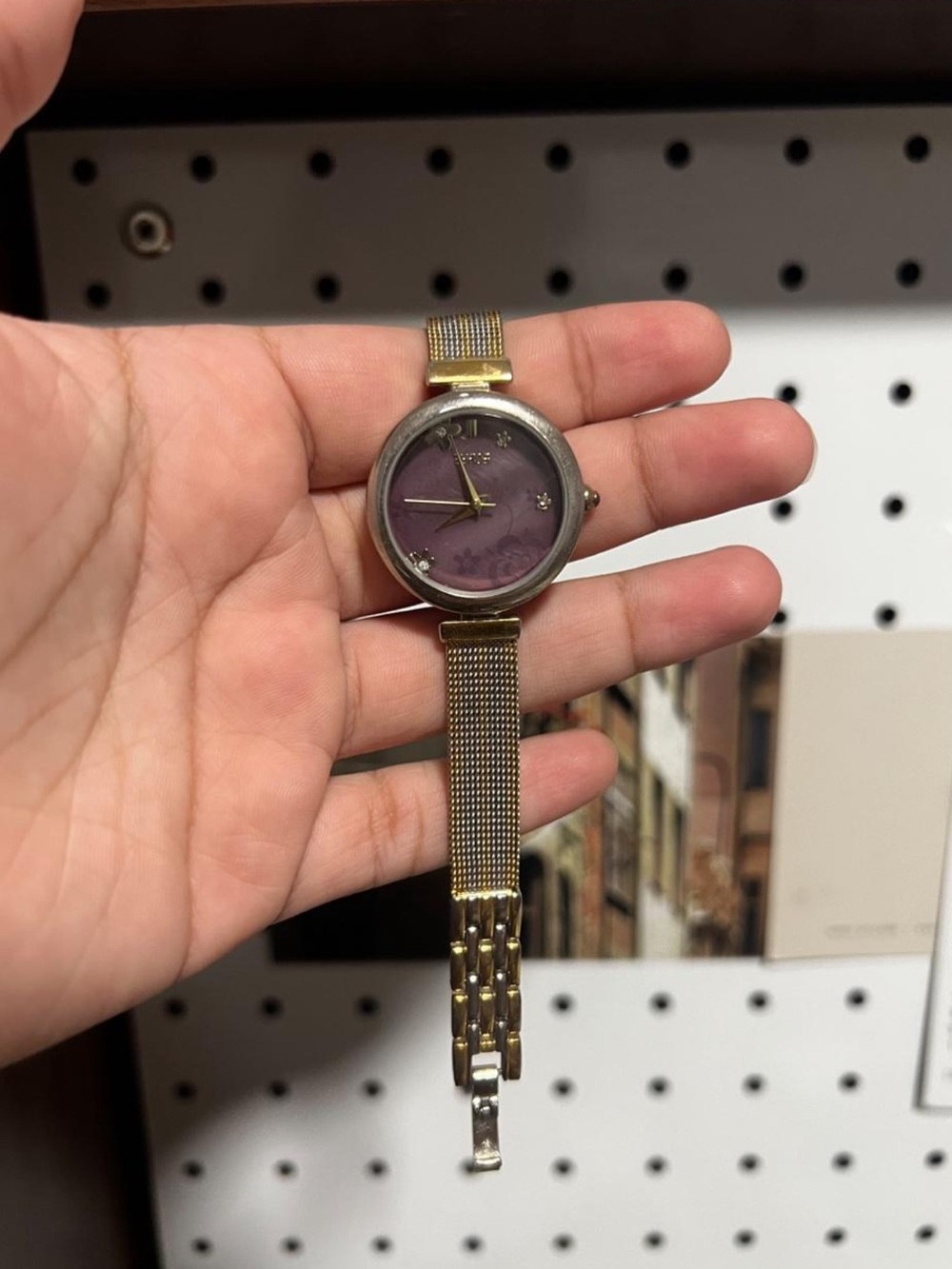 Gold-Tone Mesh Bracelet Watch with Purple Dial
